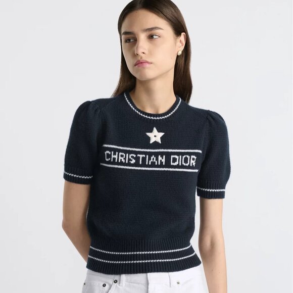 Christian Dior Short-Sleeved Sweater Navy Blue Cashmere and Wool Knit - Picture 2 of 12